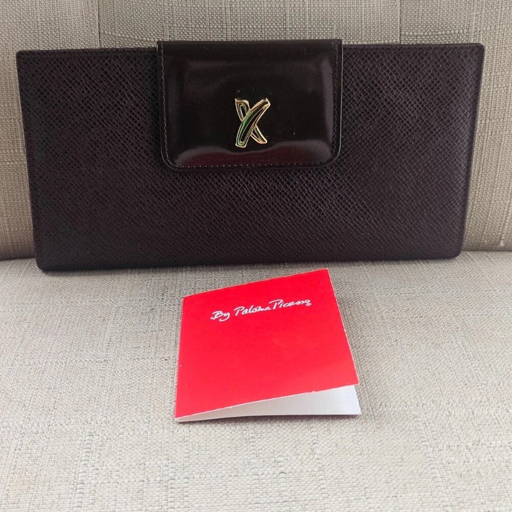 Vintage Paloma Picasso Long Wallet Clutch Brown Genuine Leather Purse Made Italy